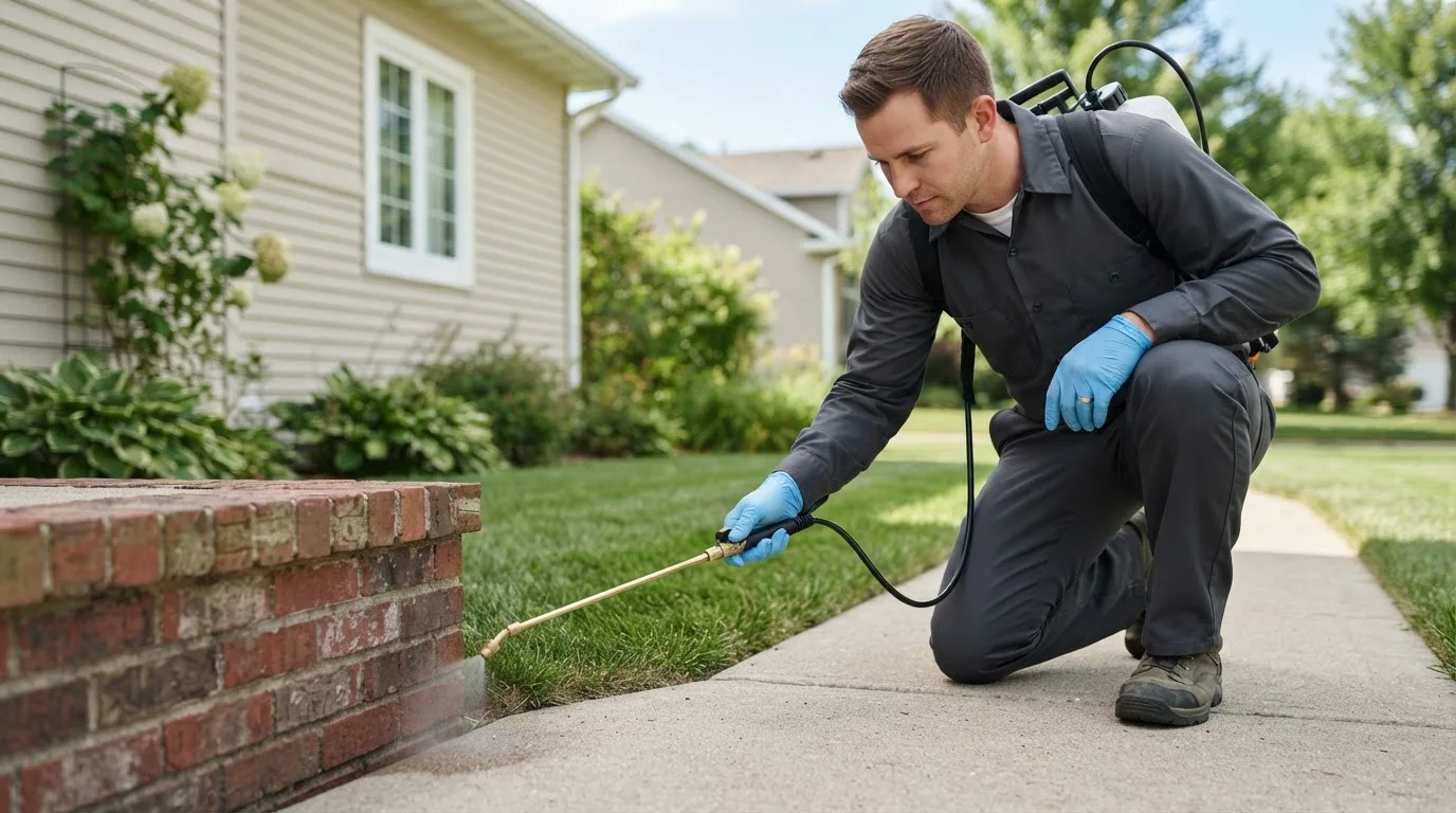 Pest control technician treating a home near Oakboro, NC