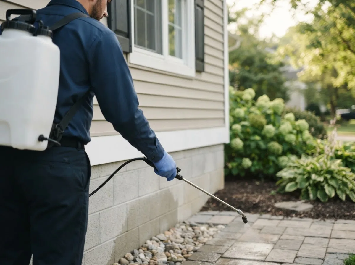 Pest control technician inspecting a home in Oakboro, NC
